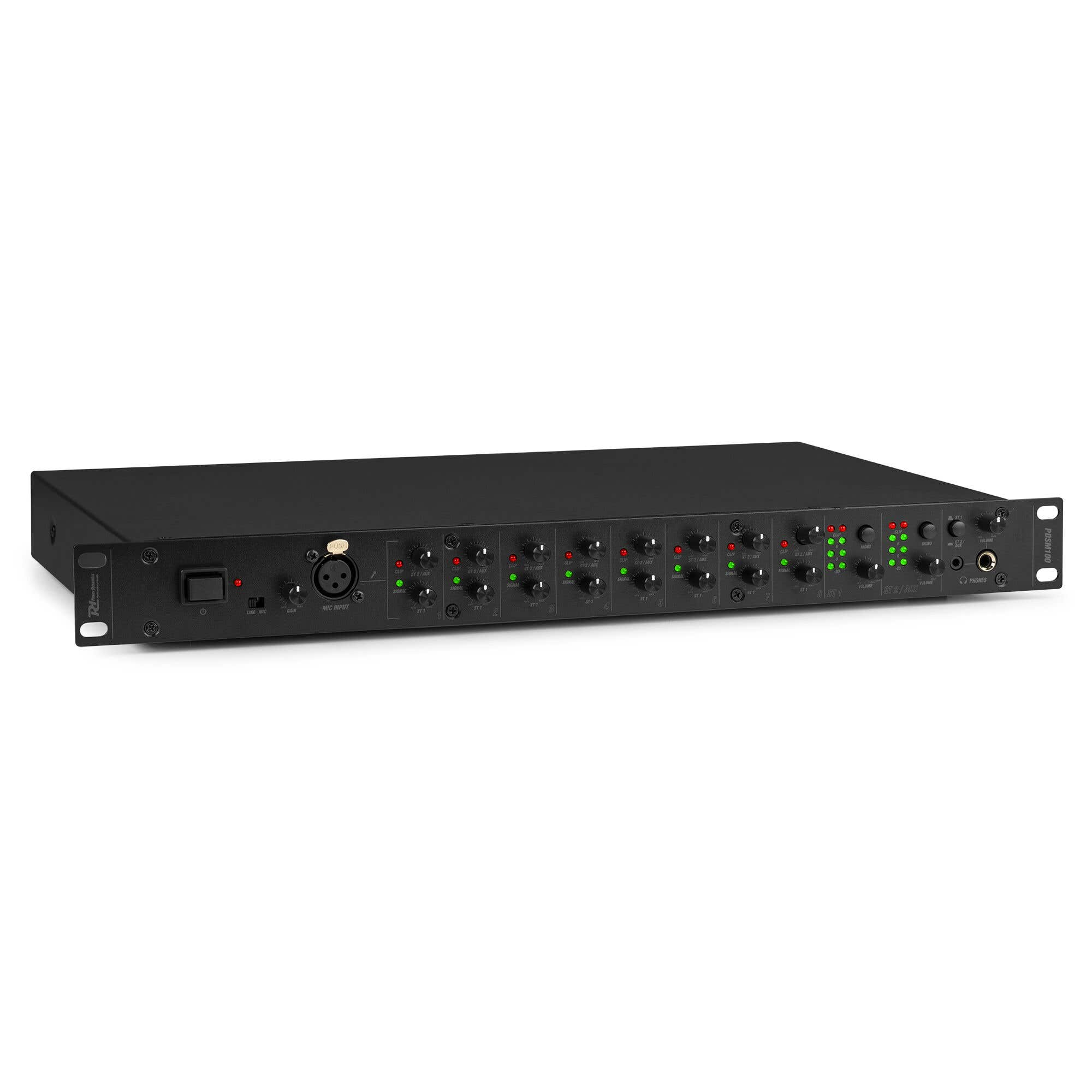 Un mezclador de audio negro con perillas, botones y luces. Tiene entradas XLR y controles de volumen. El fondo es blanco.