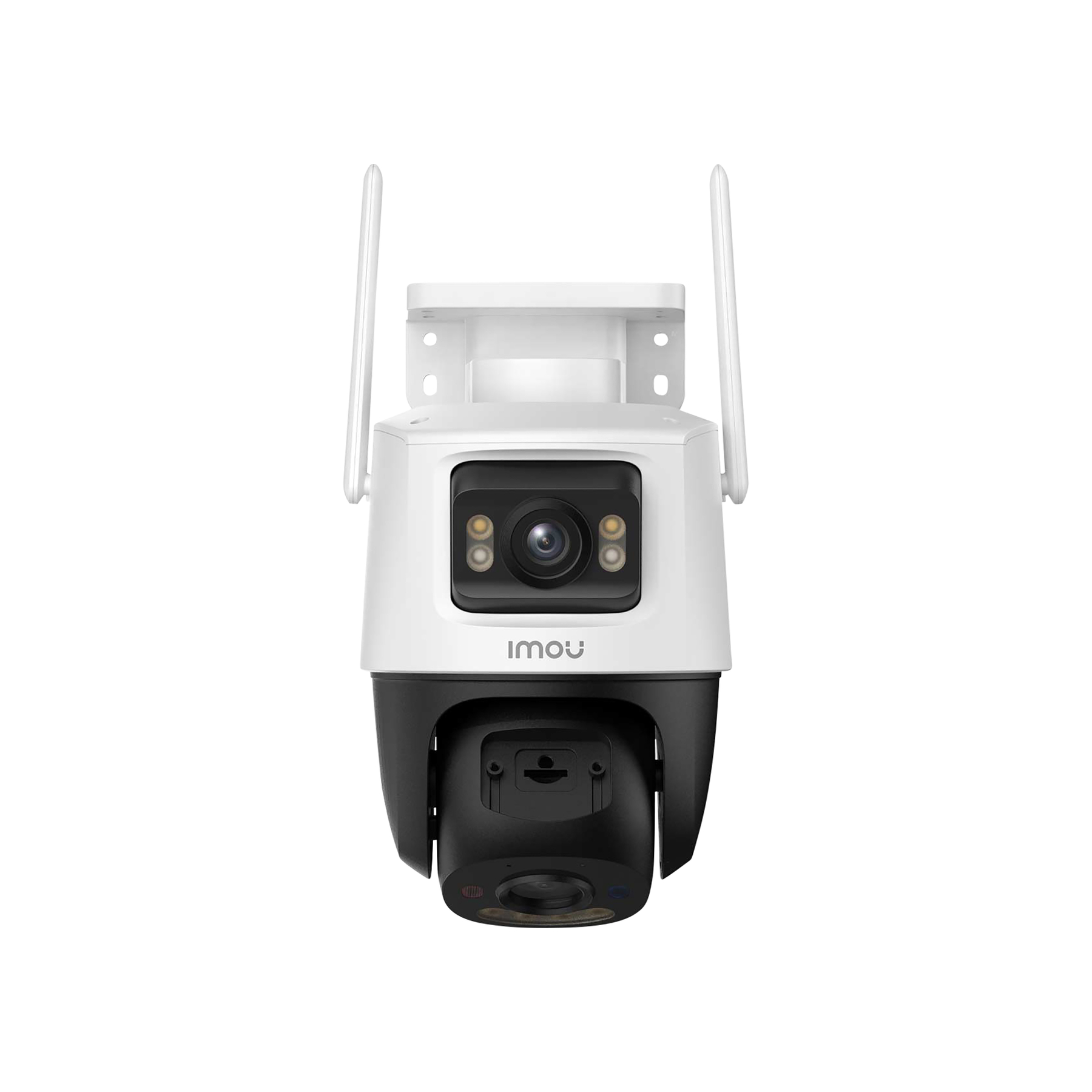 Biało-czarna kamera bezpieczeństwa z dwiema antenami. Ma obiektyw i jest oznaczona 'imou'.