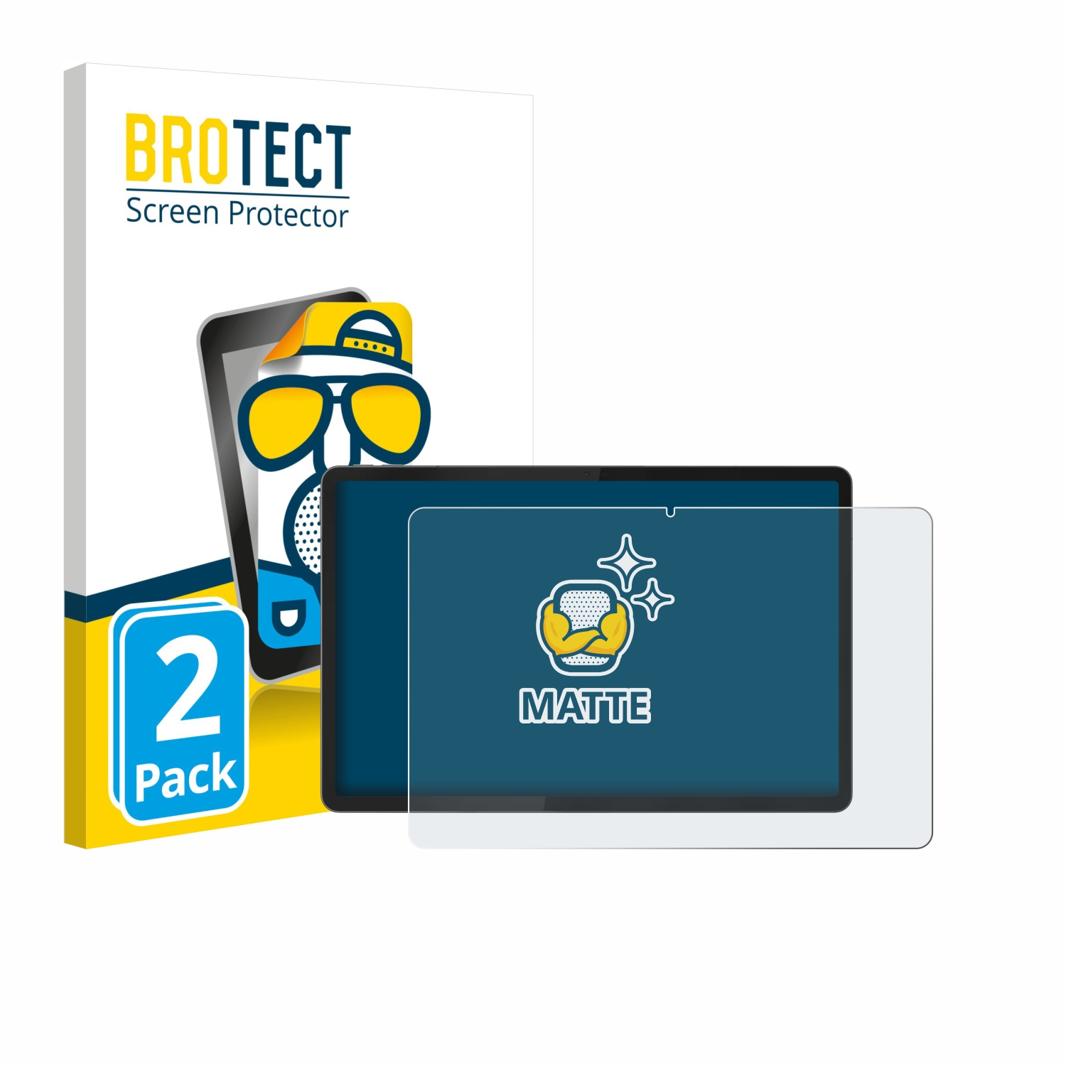 Eine Displayschutzfolien-Box mit Tablet und Displayschutzfolie. Auf der Box steht 'BROTECT Screen Protector' und '2er Pack'.