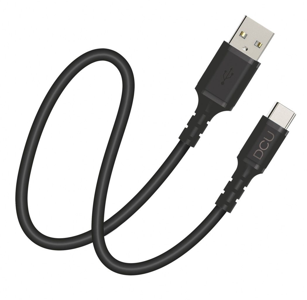 Un cable USB negro con un conector USB-A y USB-C. El cable está en bucle y el fondo es blanco.