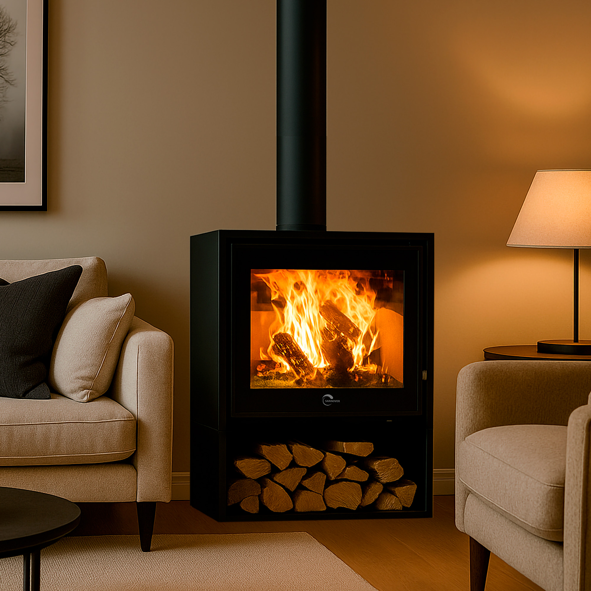Una chimenea con fuego y troncos ardiendo, flanqueada por sillones beiges. Una lámpara está junto a una silla.