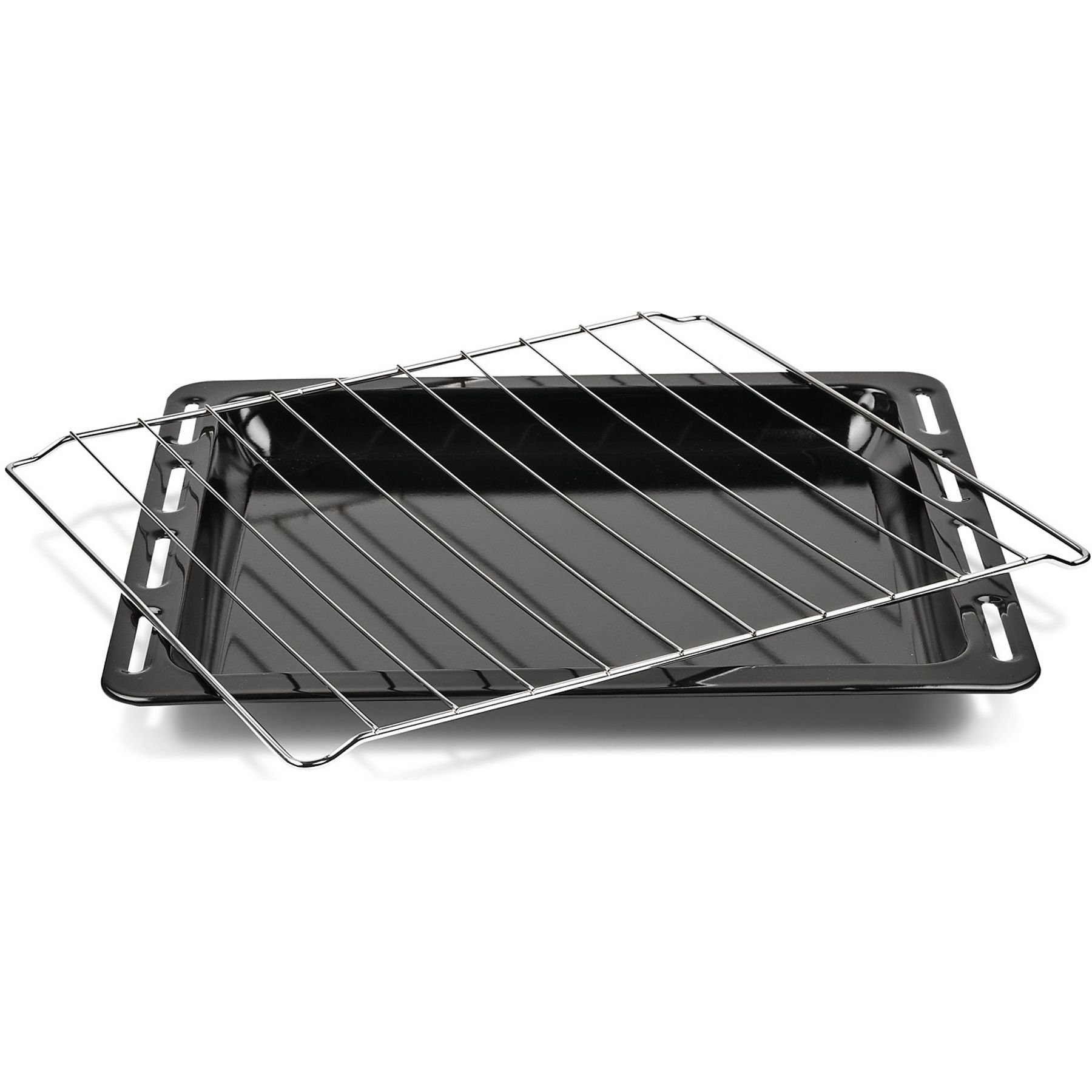 Una teglia da forno nera con una griglia cromata sopra. Il vassoio è rettangolare, con sfondo bianco.