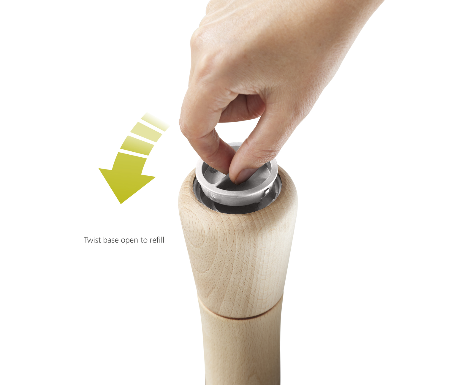 Una mano gira la parte superior de un molinillo de madera. Una flecha apunta al molinillo, con las palabras: Gire la base para rellenar.