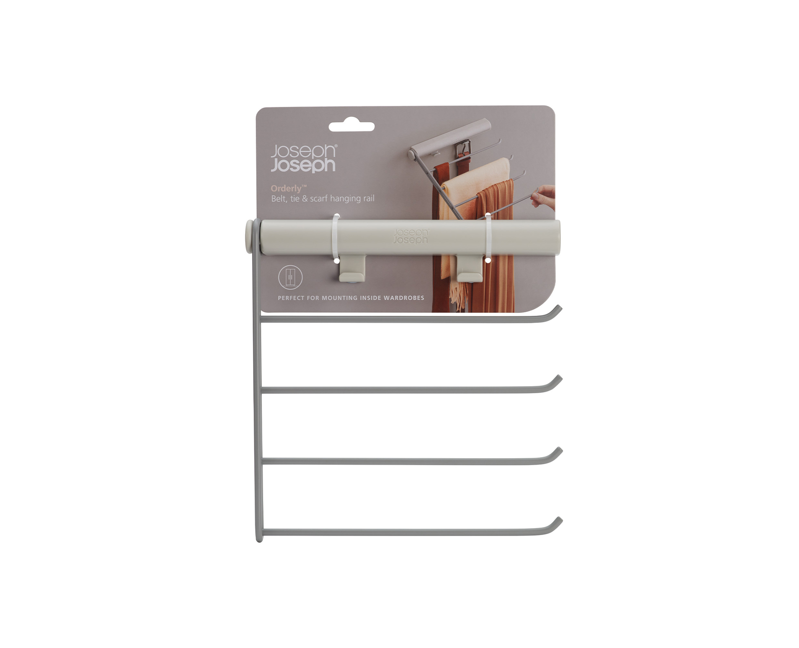 Un riel para colgar cinturones, corbatas y bufandas Joseph Joseph Orderly. Tiene varillas para colgar y una barra superior con bufandas colgantes.