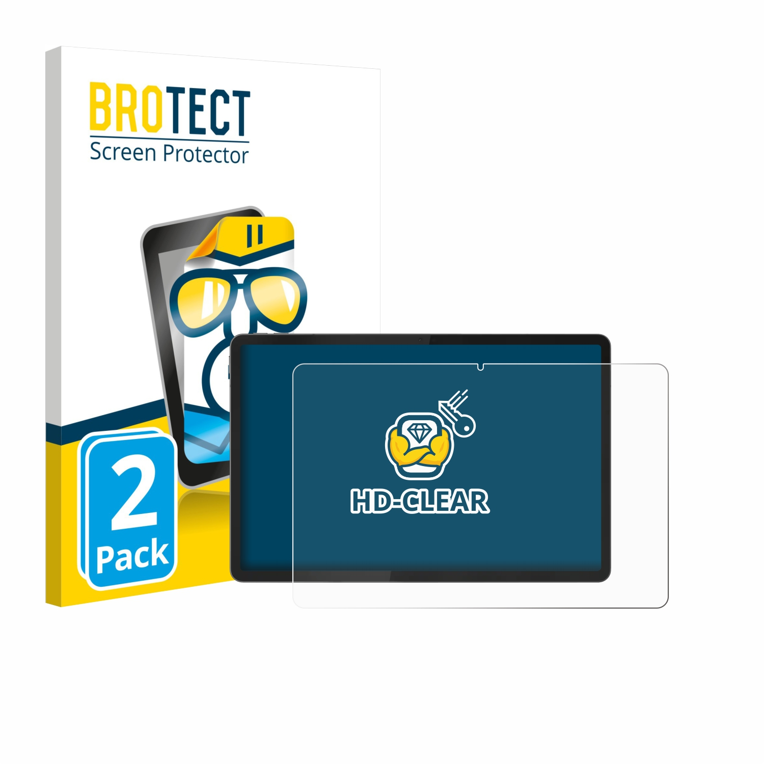 Eine Displayschutzfolienbox mit einem Tablet und einer Schutzfolie. Auf der Box steht BROTECT Screen Protector und 2 Pack.