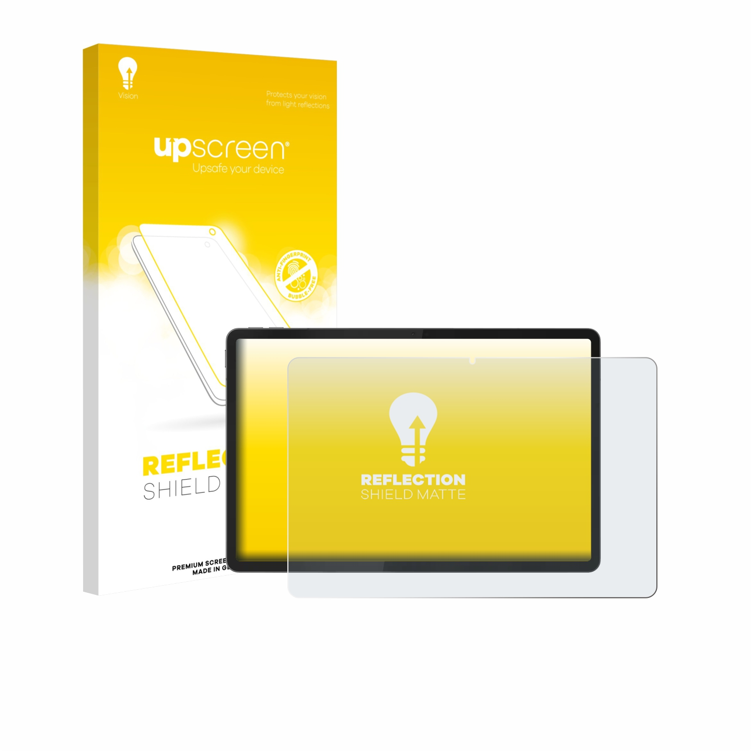 Ein Tablet mit Displayschutzfolie und die gelbe Verpackung. Auf der Verpackung steht 'upscreen' und 'reflection shield'.