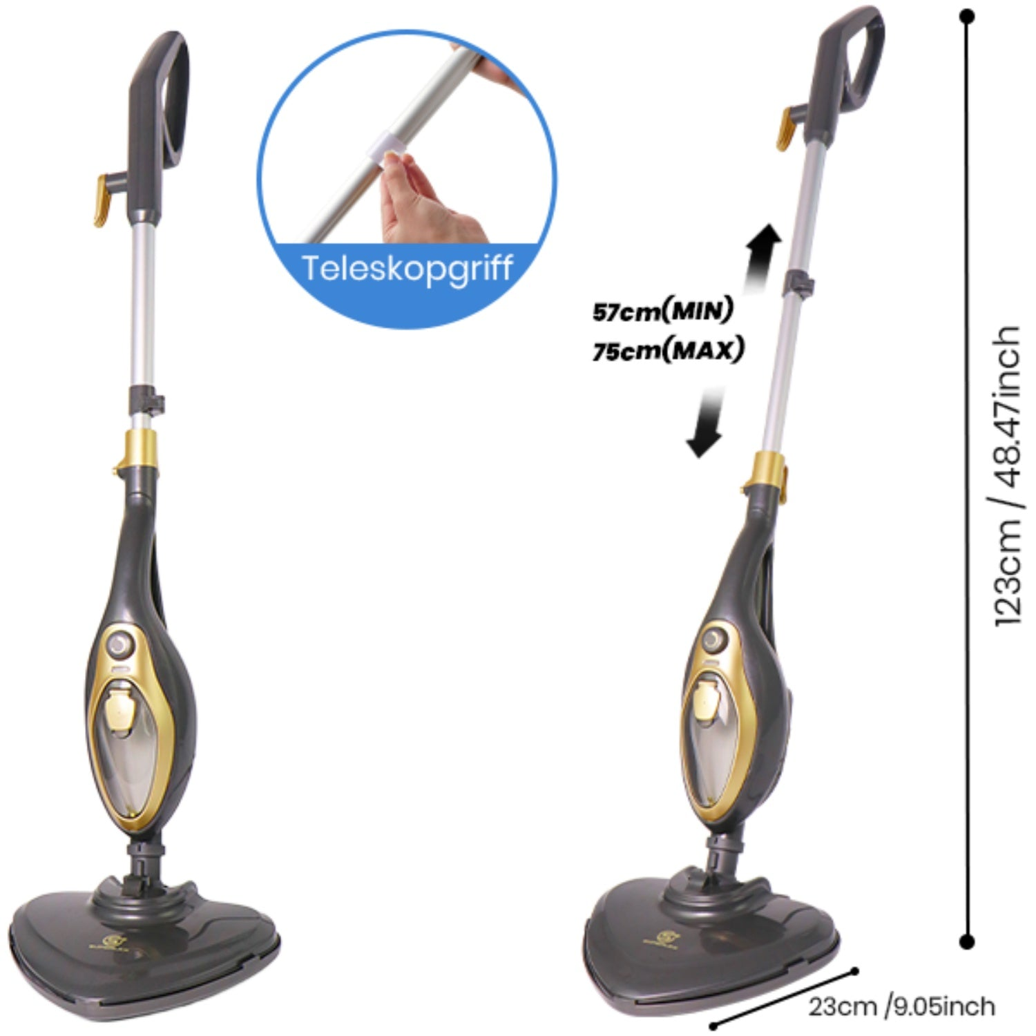 Mocio a vapore con design nero e oro. Include manico telescopico, misure indicate. Una mano regola il manico.