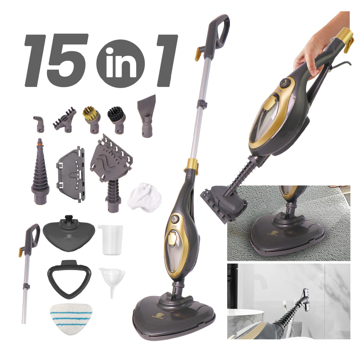 Una scopa a vapore con vari accessori è in mostra. Include il testo "15 in 1". Mano che tiene il mop e altre parti sono visibili.