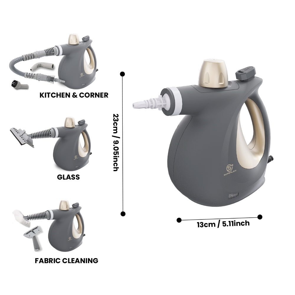 Un pulitore a vapore Superflex grigio e oro con accessori per cucina, vetro e pulizia tessuti, sono indicate le dimensioni.