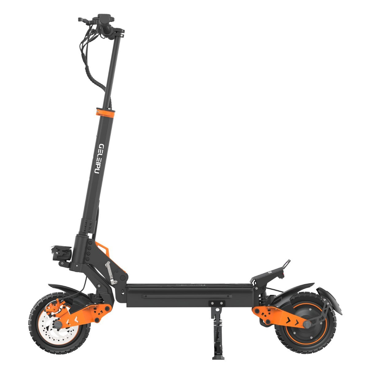 Monopattino elettrico nero e arancione su sfondo bianco. Presenta un manubrio con il marchio 'GELIEPU'.