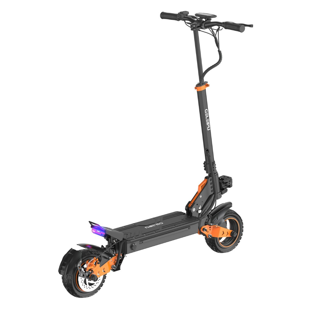 Scooter elettrico nero con dettagli arancioni. Ha manubrio, pedana, ruote e parafango posteriore. Il marchio è visibile.