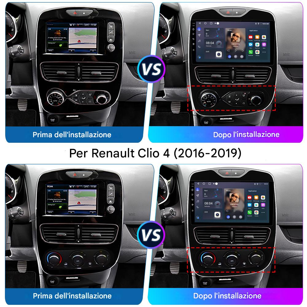 Confronto del cruscotto dell'auto prima e dopo l'installazione. Visualizza uno schermo e i comandi. Il titolo è: Per Renault Clio 4 (2016-2019).