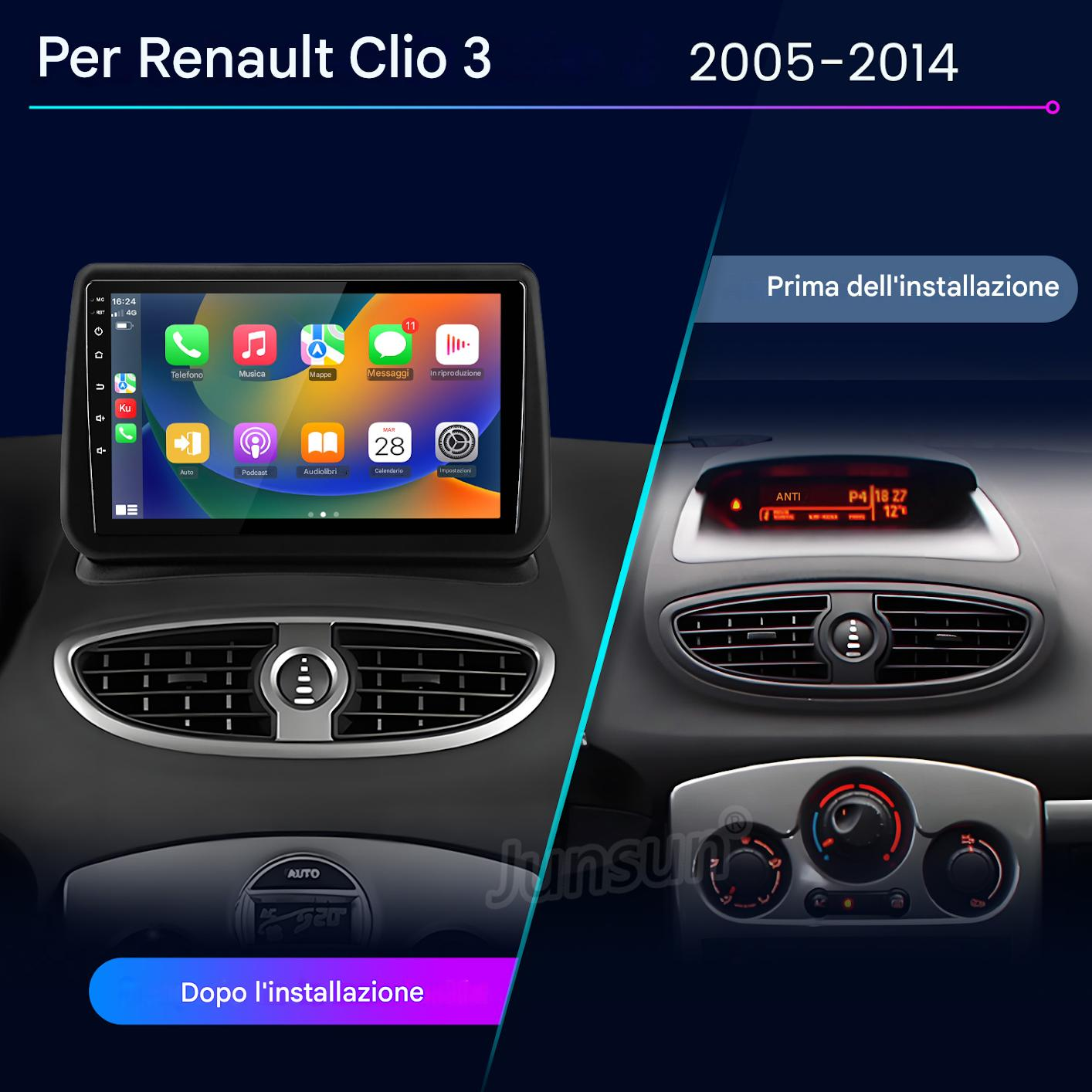 L'immagine mostra il cruscotto di un'auto prima e dopo l'installazione di un nuovo sistema di infotainment. A sinistra è visibile il nuovo schermo.