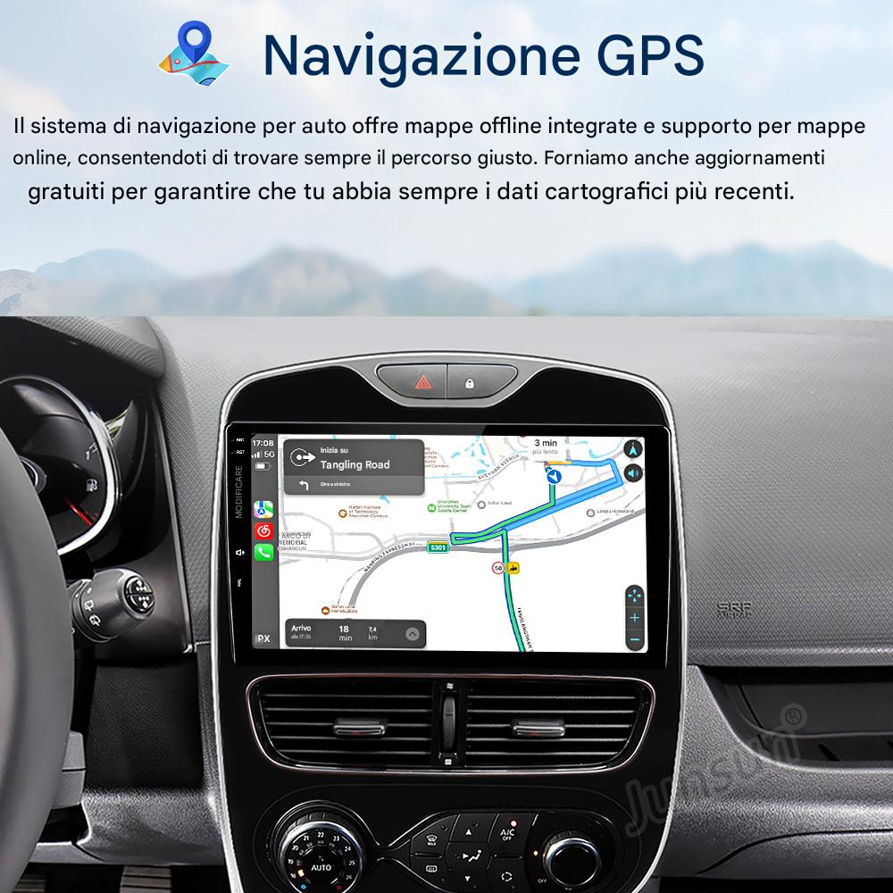 Cruscotto auto con schermo di navigazione GPS che mostra una mappa del percorso. Lo schermo mostra un percorso, con nomi di strade e indicazioni.