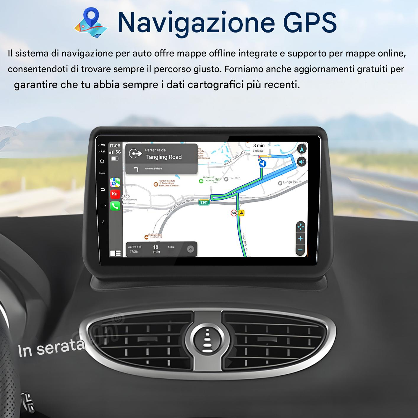 Schermo di navigazione GPS per auto che mostra una mappa del percorso, l'ora e le indicazioni. Sono visibili anche il cruscotto e il volante.