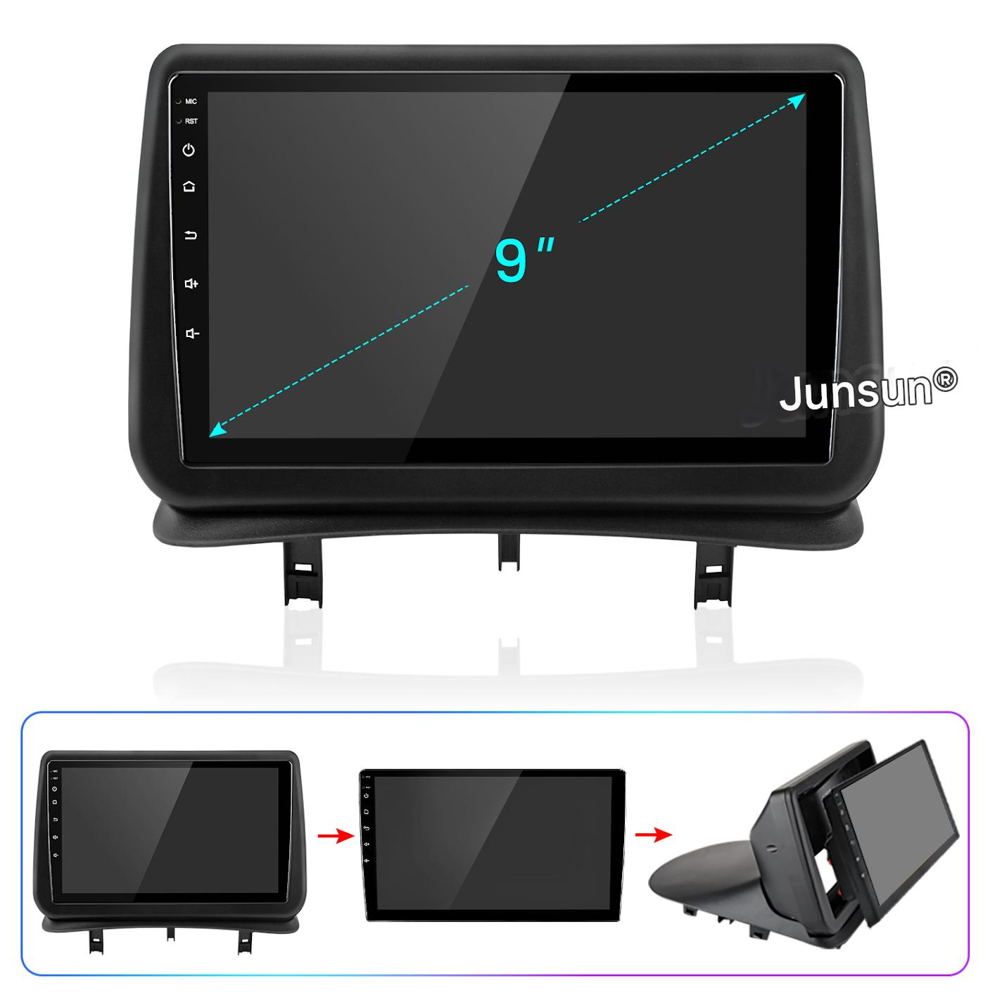 Un sistema multimediale per auto con schermo da 9 pollici. Lo schermo è nero, con il marchio 'Junsun'. Immagini aggiuntive mostrano l'installazione.