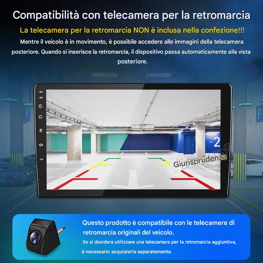 Uno schermo mostra una vista del garage con una telecamera per auto. Il testo in italiano descrive la compatibilità del prodotto.