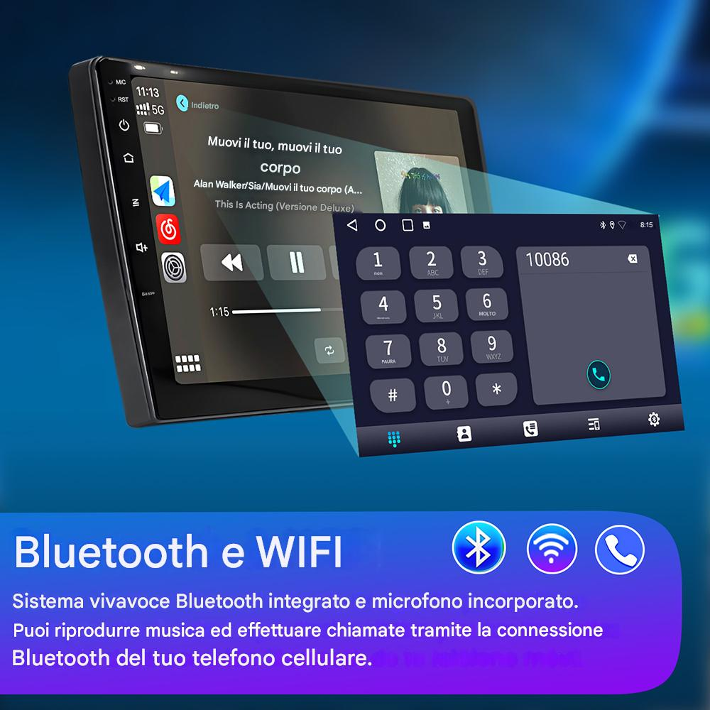 Un sistema multimediale per auto mostra una canzone e un'interfaccia di tastierino telefonico, con icone Bluetooth e WiFi.