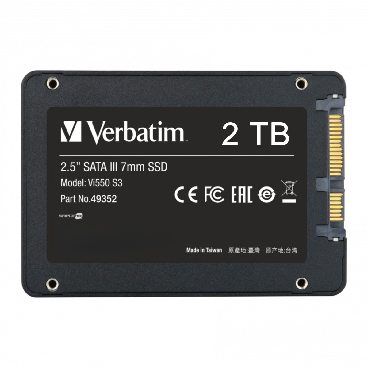 Czarny dysk SSD Verbatim 2TB. Tekst zawiera model, rozmiar i certyfikaty. Wyprodukowano na Tajwanie. Posiada złącze i otwory na śruby.
