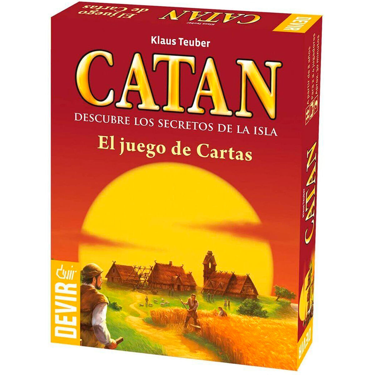 La caja del juego de cartas Catan presenta el título del juego, una imagen de un pueblo y una puesta de sol. Tiene un fondo rojo con texto amarillo.