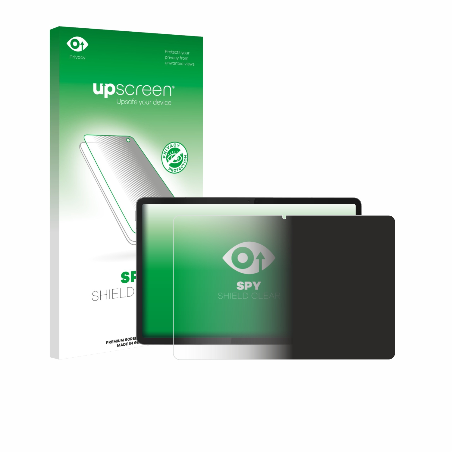 Produktaufnahme eines Displayschutzglases für Tablets. Die Verpackung und der Displayschutz stehen im Fokus, isoliert auf Weiß.
