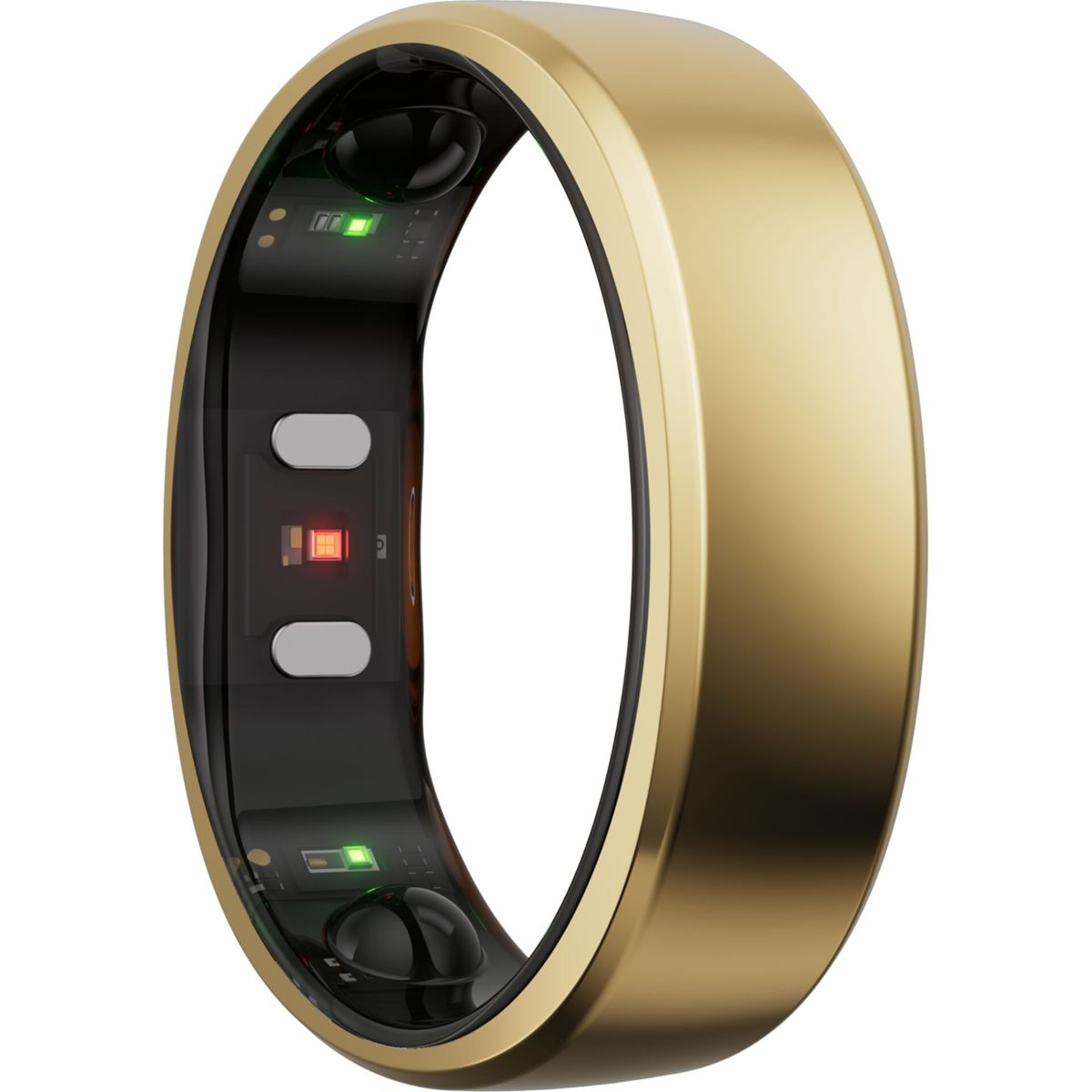 Ein goldener Smart-Ring. Er hat ein schwarzes Innenband mit Sensoren und Lichtern. Das äußere Band ist goldfarben, glatt und abgerundet.