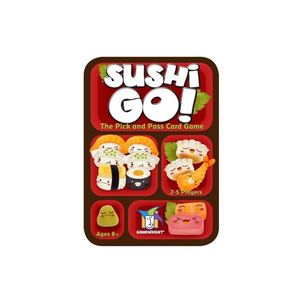 Caja del juego de cartas Sushi Go!. Presenta ilustraciones de sushi y texto 'Sushi Go!'. Incluye detalles del juego y rango de edad.