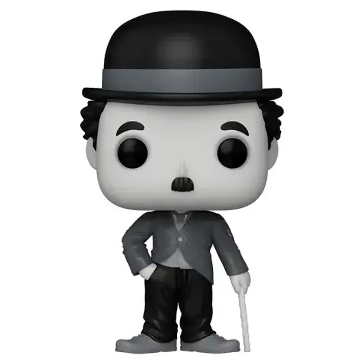 Una figura Funko Pop di Charlie Chaplin. Indossa un cappello a bombetta, un abito e tiene un bastone. La figura è grigia e nera.