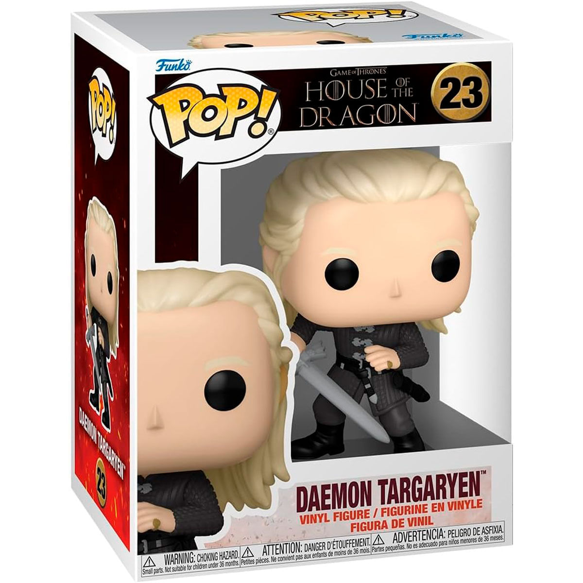 Figurka Funko Pop Daemona Targaryena z Gry o Tron, w pudełku. Ma blond włosy, czarne oczy i trzyma miecz.