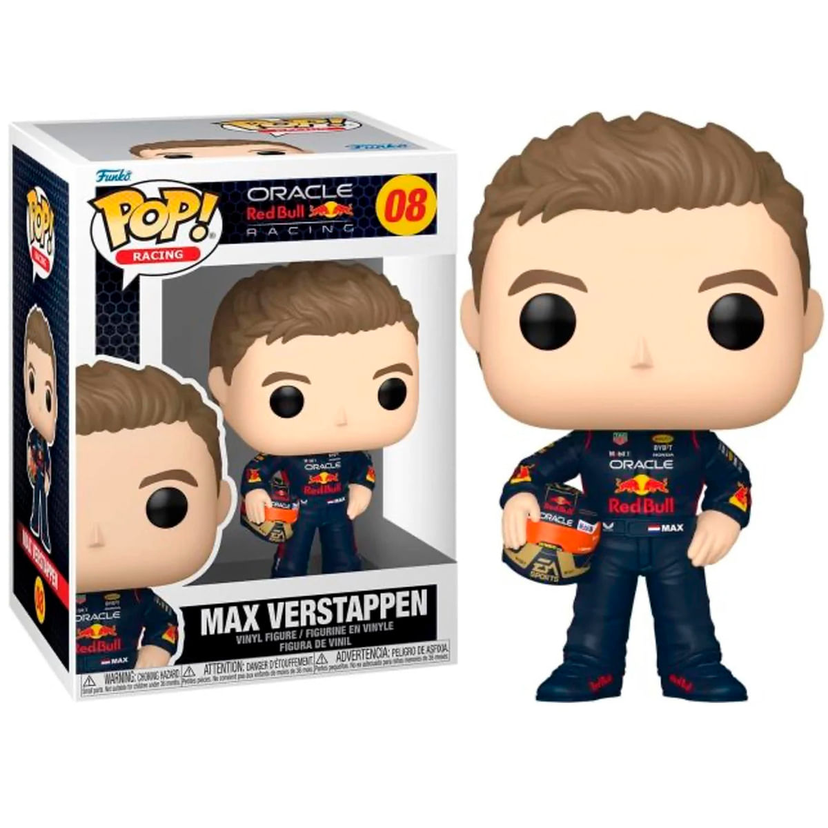 Una figura Funko Pop di Max Verstappen con un casco. La scatola mostra la figura e il marchio Oracle Red Bull Racing.