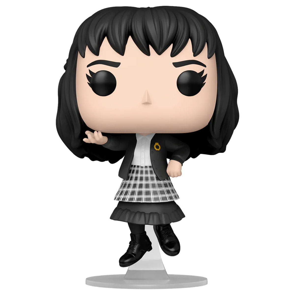 Una figura Funko Pop di una donna con capelli neri, giacca nera, gonna a quadri e stivali neri. È in piedi su una base trasparente.
