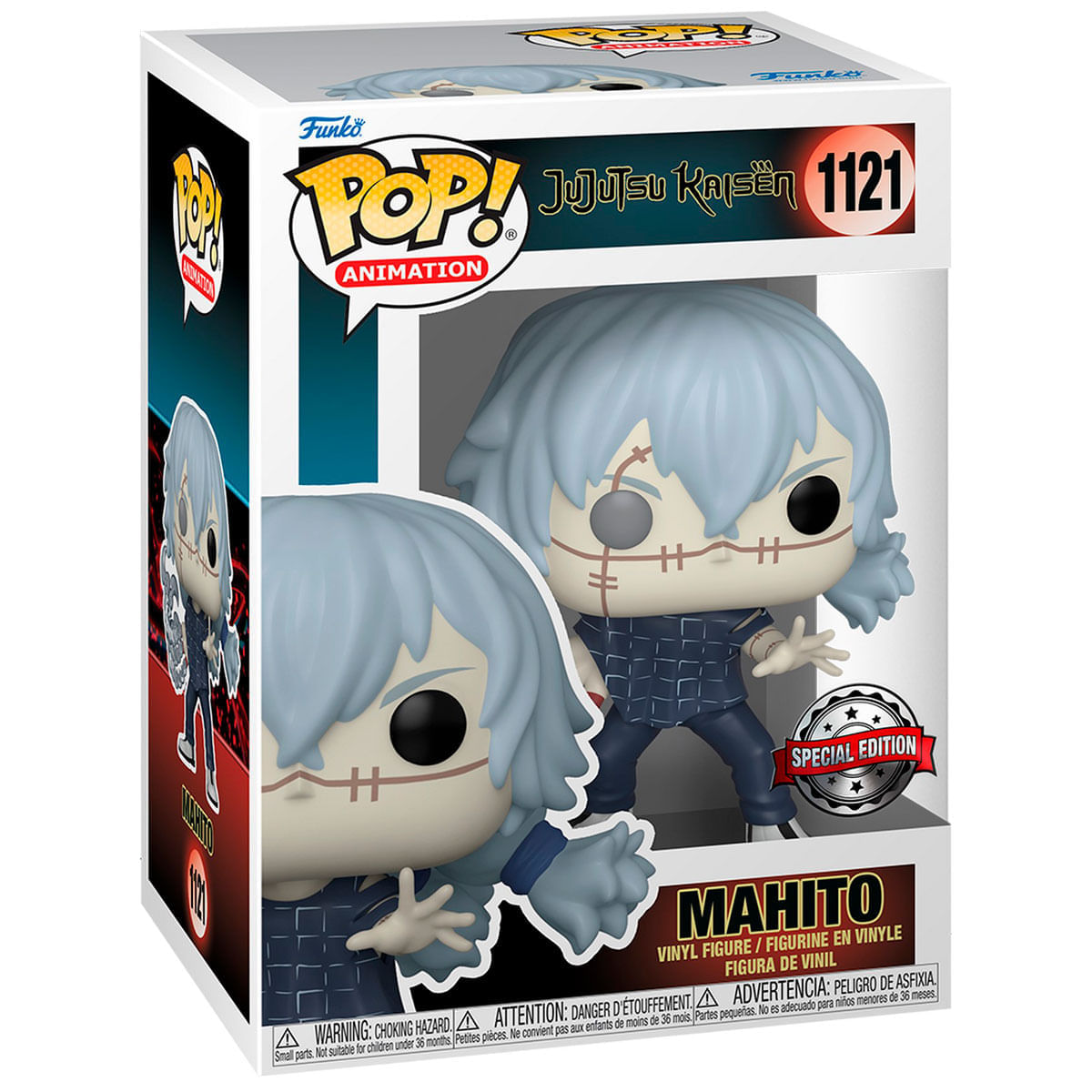 Una scatola Funko Pop con Mahito di Jujutsu Kaisen. La figura ha i capelli azzurri e cuciture sul viso e sul corpo.