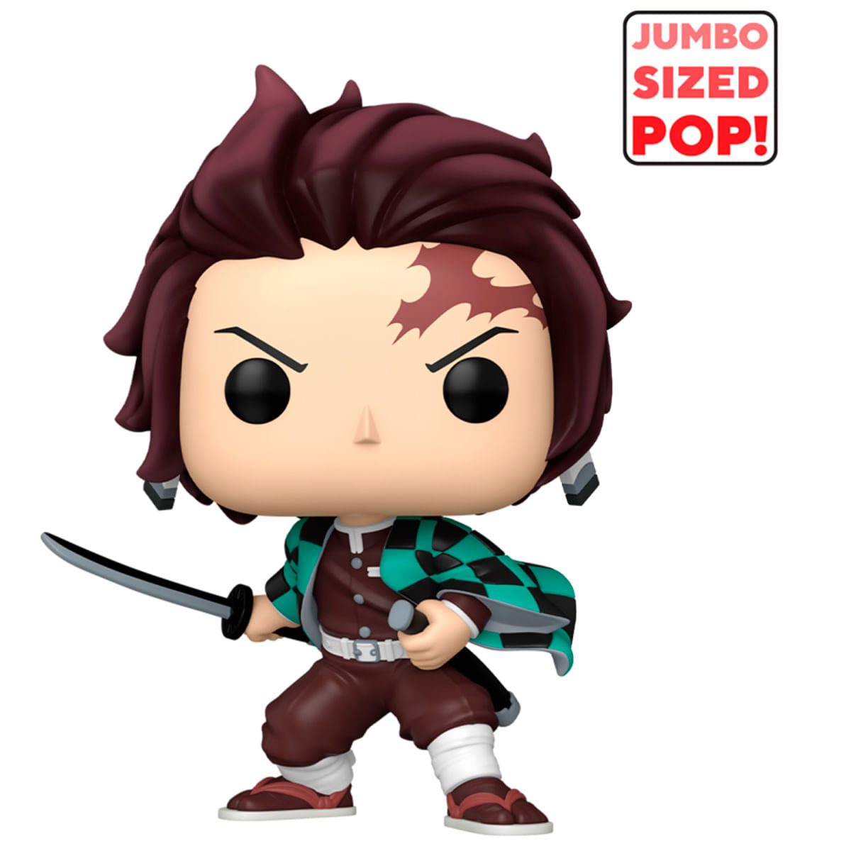 Una figura Funko Pop di un personaggio con una spada. Ha i capelli castani, una cicatrice e indossa un kimono verde e nero.