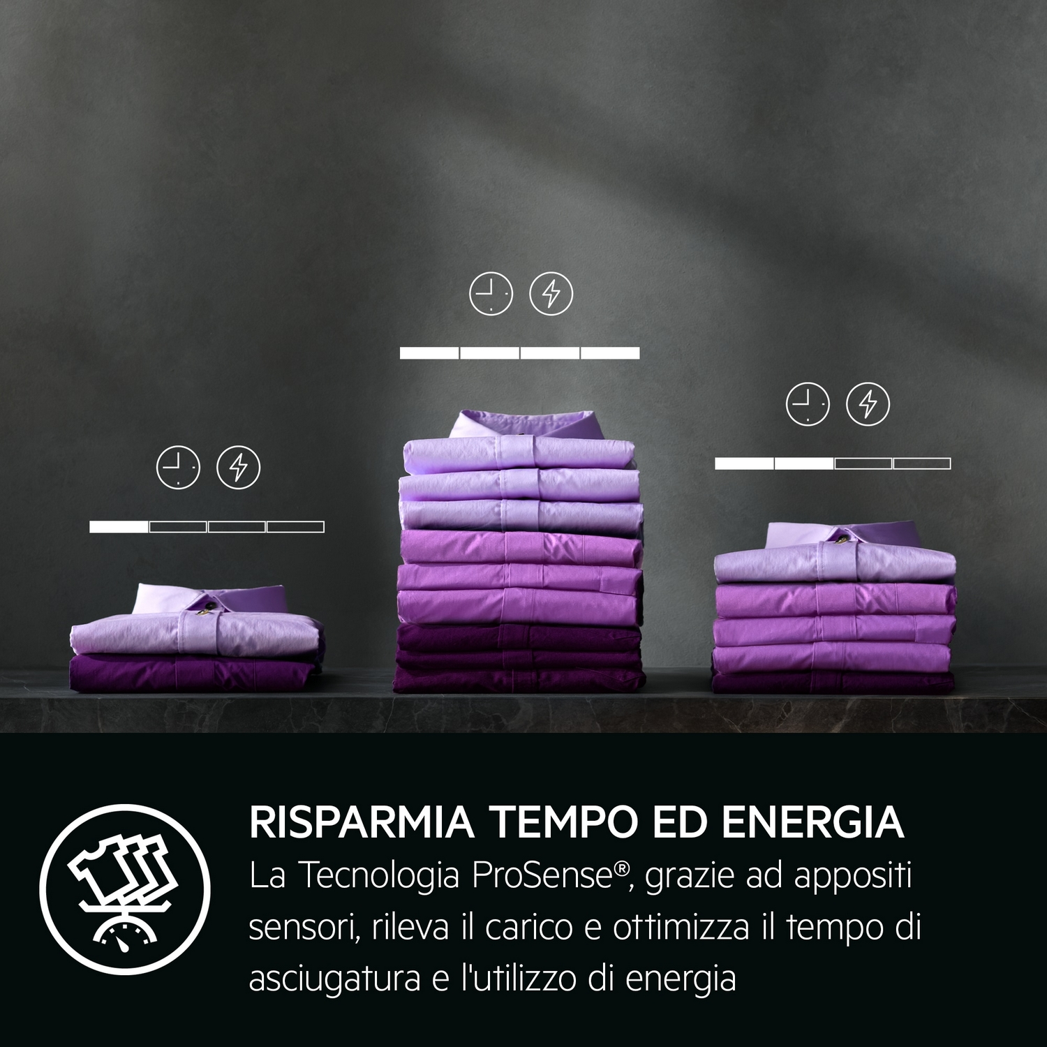 Imagen muestra pilas de camisas moradas dobladas, cada una con un temporizador y símbolo de energía, sugiriendo secado eficiente.