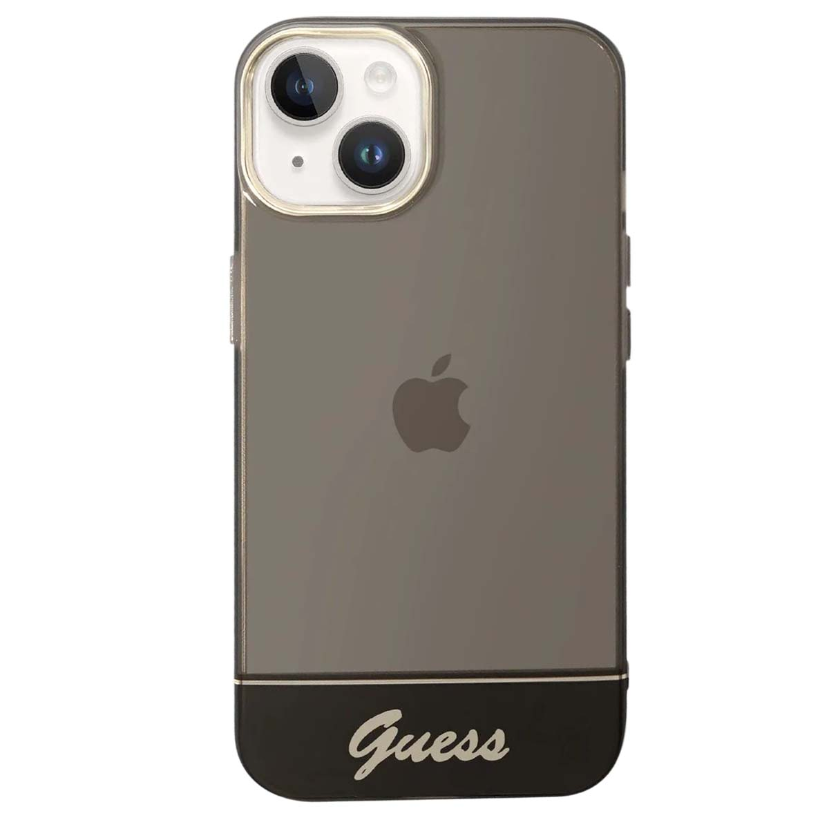 Uno smartphone con custodia Guess. Il telefono è grigio scuro. La fotocamera è visibile. La custodia ha il logo Guess bianco in basso.