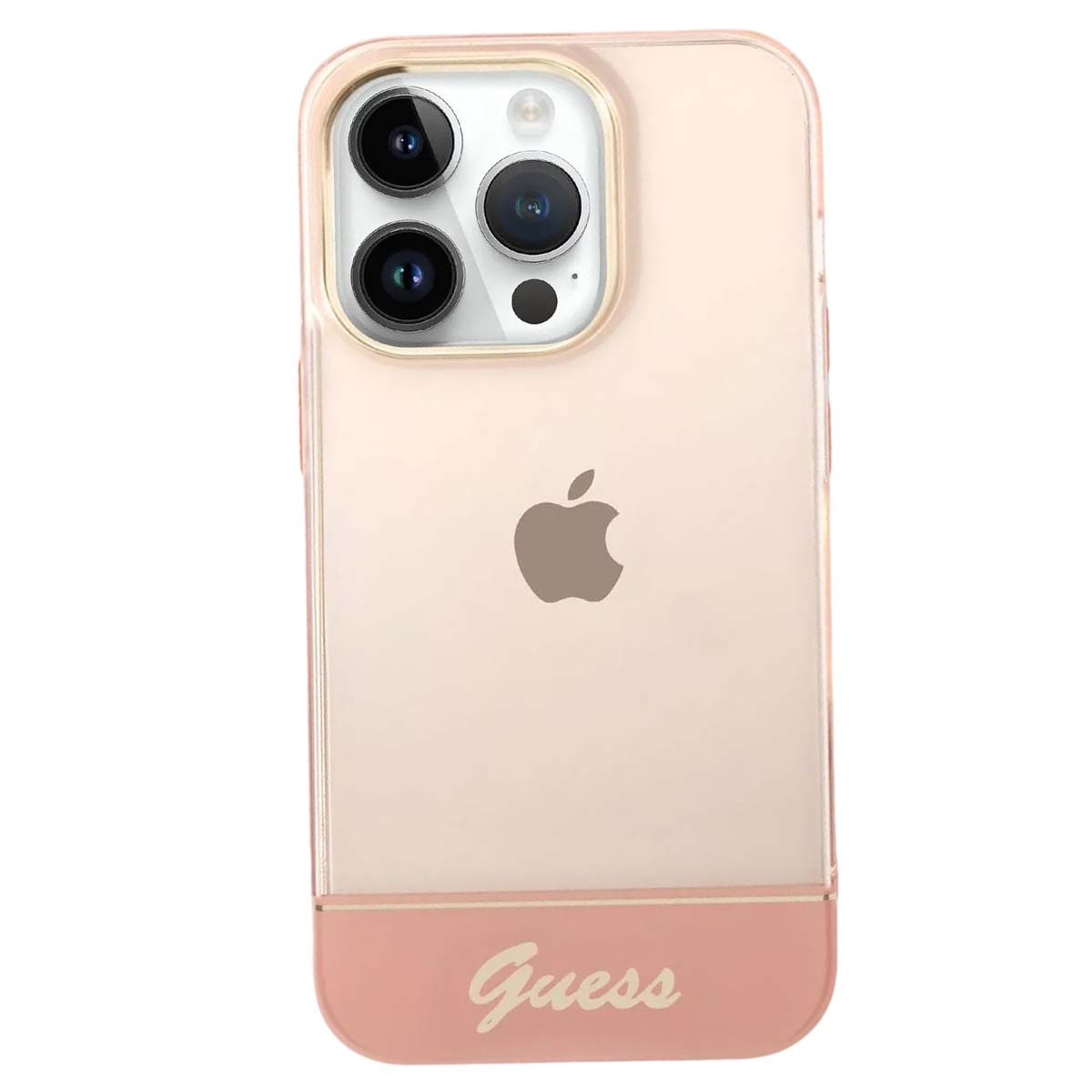 Una custodia per telefono con un design rosa e oro. Ha il logo Guess in basso e il logo Apple.