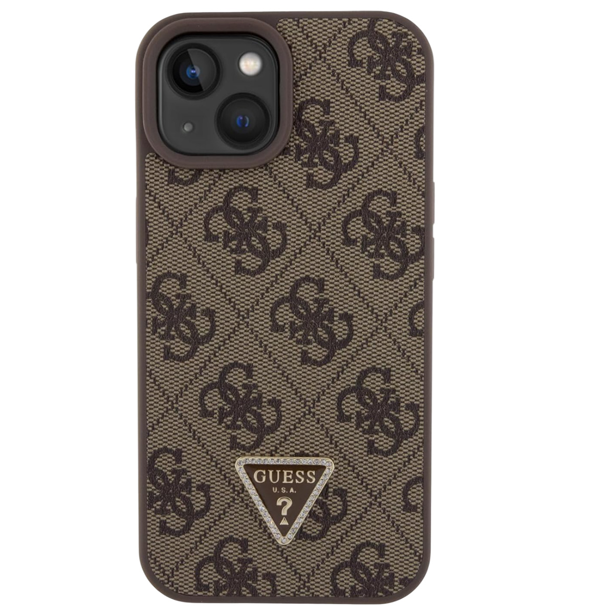 Una custodia marrone per iPhone con motivo e logo Guess in basso. Il telefono ha una fotocamera.