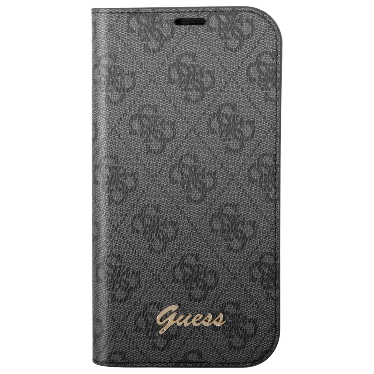 Custodia per telefono nera con logo Guess. La custodia ha un motivo di G intrecciate. Lo sfondo è grigio.