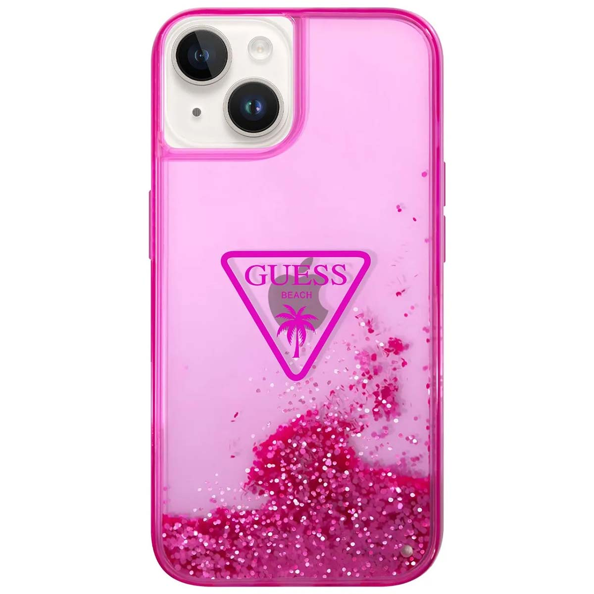 Una custodia per telefono rosa con logo Guess, glitter e un design a palma. Il telefono ha due fotocamere e un bordo rosa acceso.