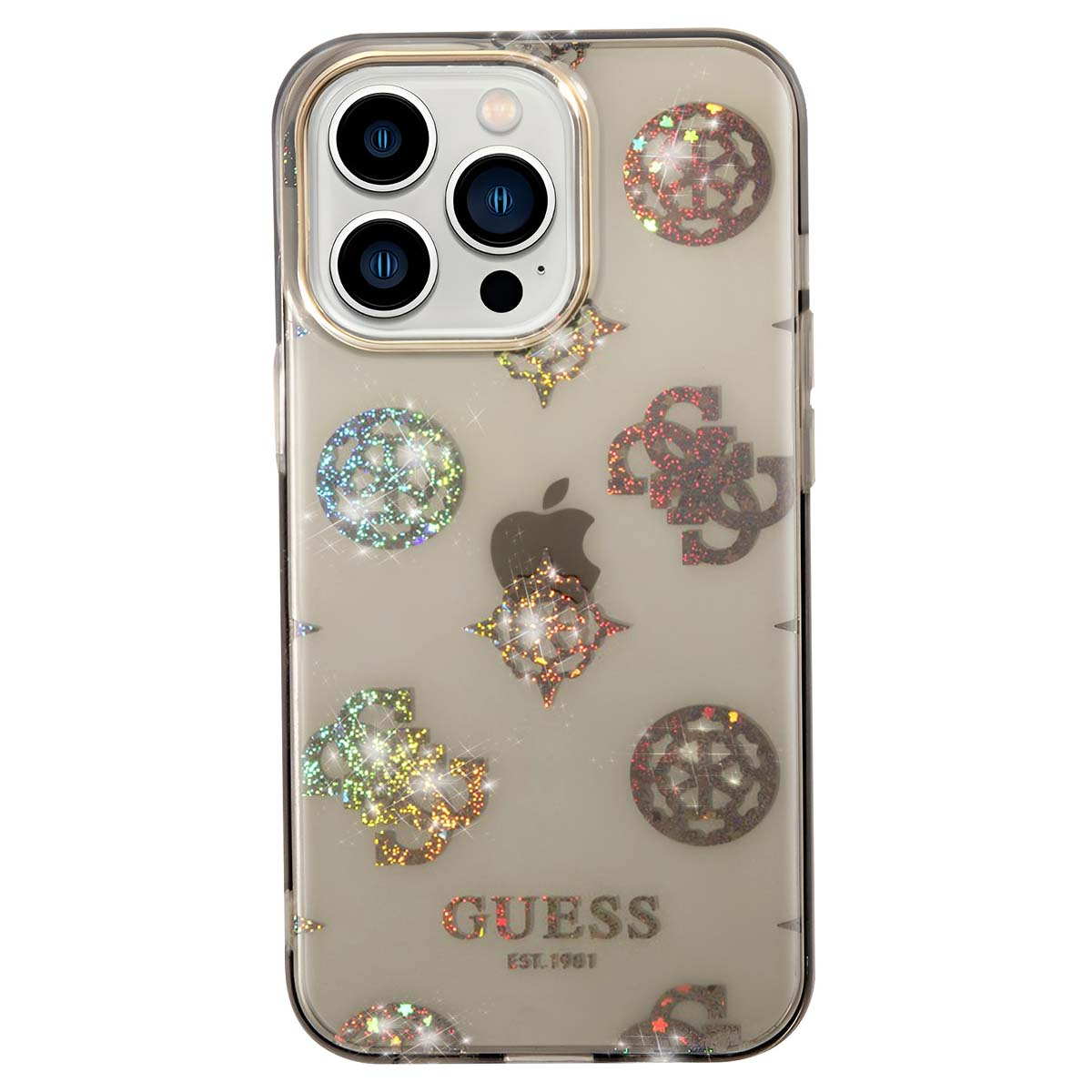 Una custodia trasparente per iPhone con logo Guess e glitter. Il telefono ha una fotocamera a tre lenti. La custodia ha un bordo dorato.