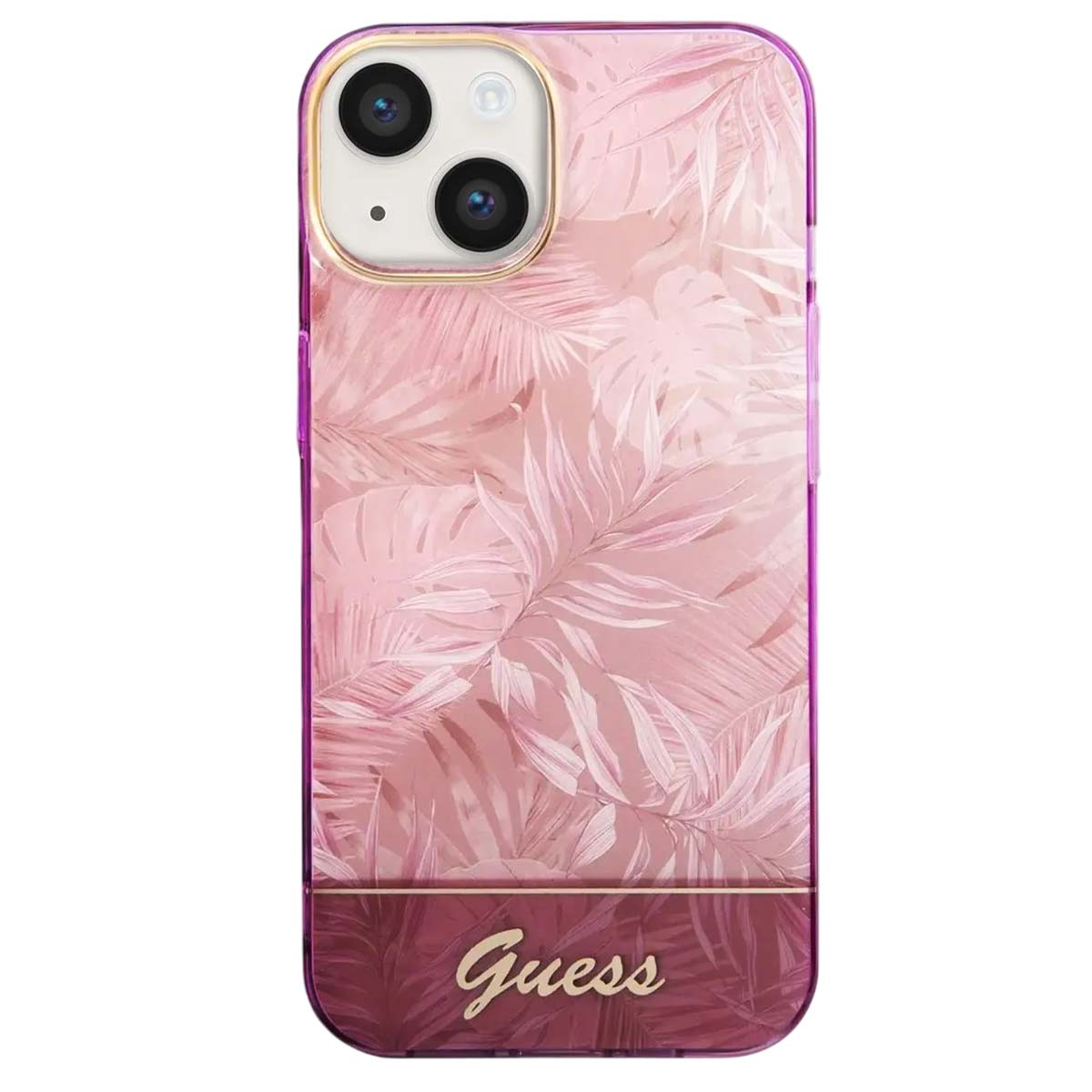 Una custodia per telefono con un design floreale rosa. La custodia include il marchio 'Guess' in basso.