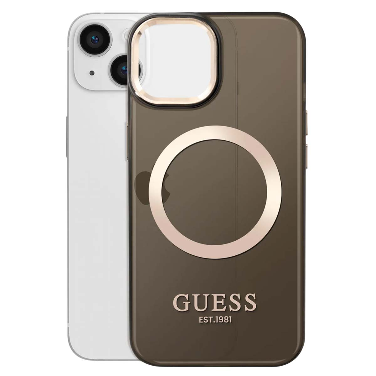 Un iPhone con una custodia Guess. La custodia è marrone con un anello dorato e il logo Guess. Il telefono è bianco.