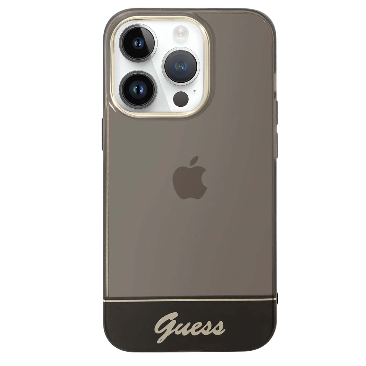 Una custodia per telefono con il logo Guess. La custodia è grigia con la parte inferiore nera e un bordo dorato attorno alle lenti.