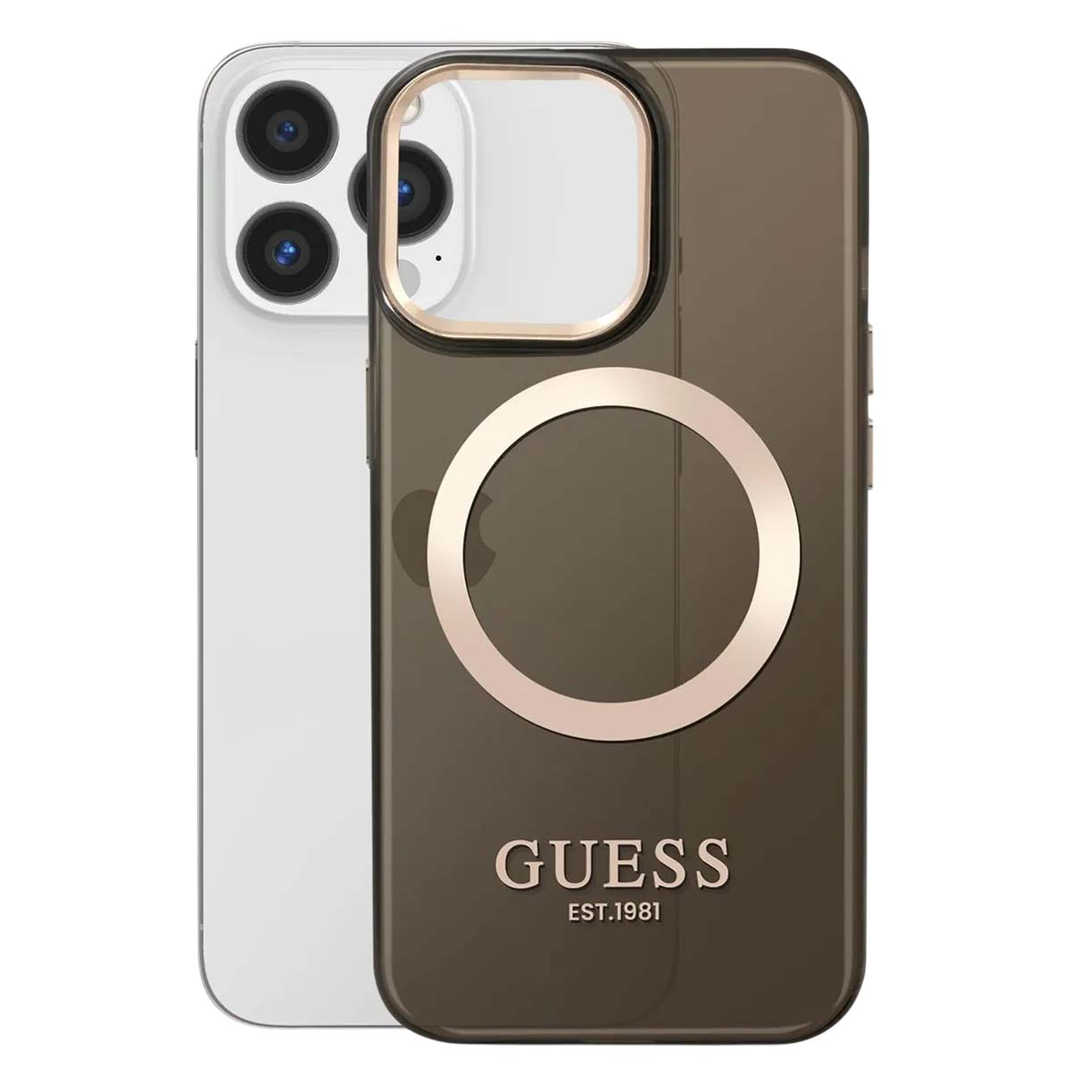 Un iPhone con una custodia Guess. La custodia è marrone con un cerchio dorato e il logo Guess. Il telefono è argento.