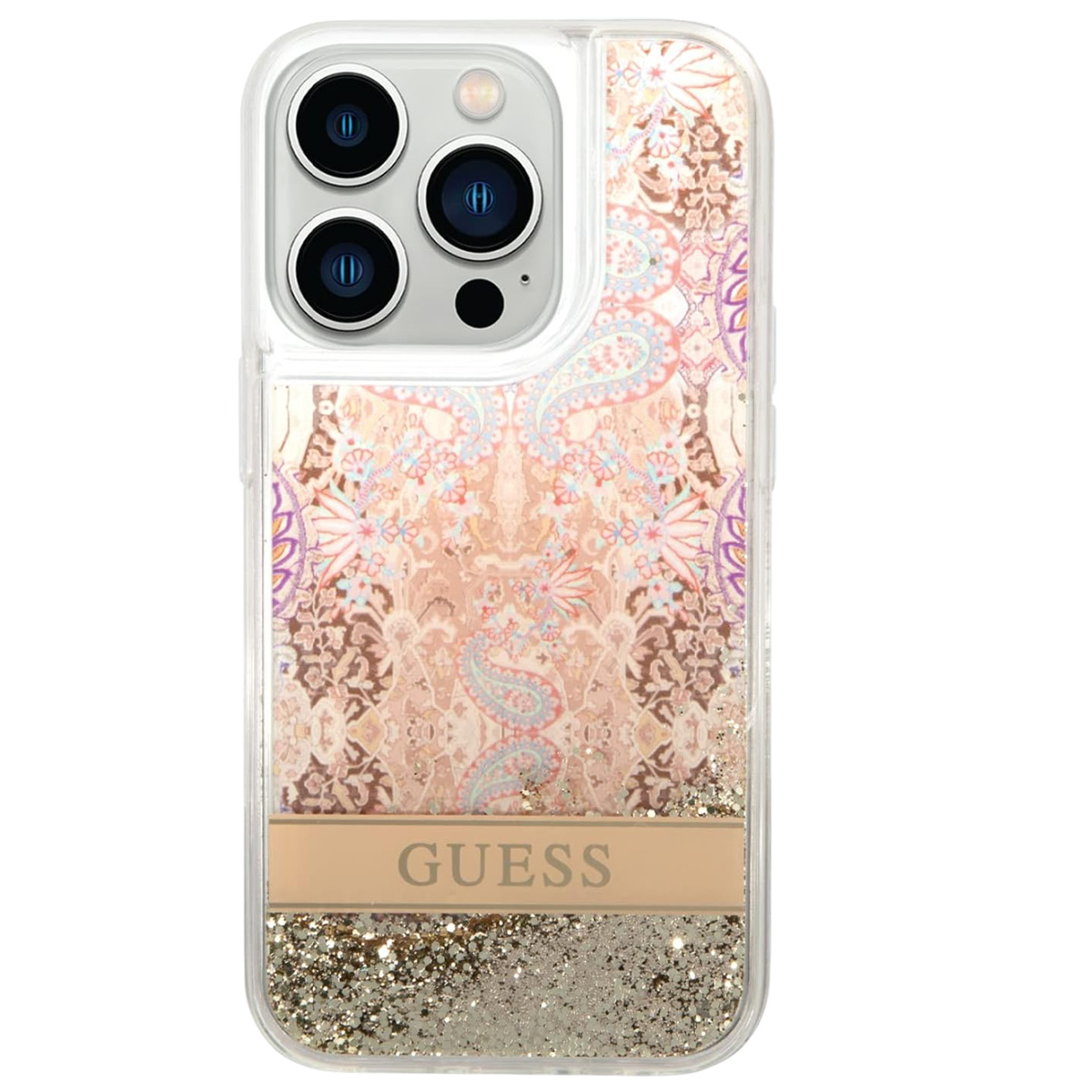Custodia trasparente per telefono con motivo paisley e logo Guess. Fondo glitterato. Il telefono ha tre obiettivi.