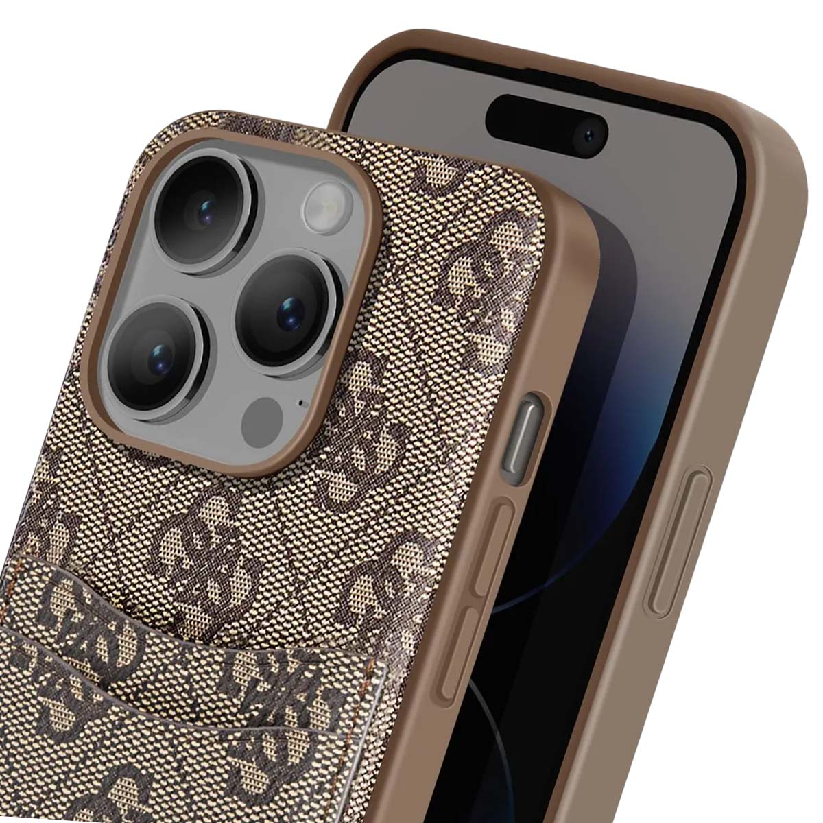 Un iPhone marrone in una custodia fantasia con più lenti della fotocamera e un porta carte. Il telefono è in una custodia marrone.