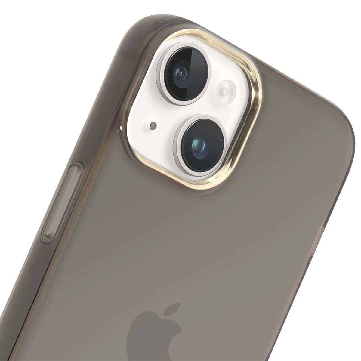 Primo piano del modulo fotocamera di uno smartphone con due lenti, circondato da un anello dorato, in una custodia grigia.