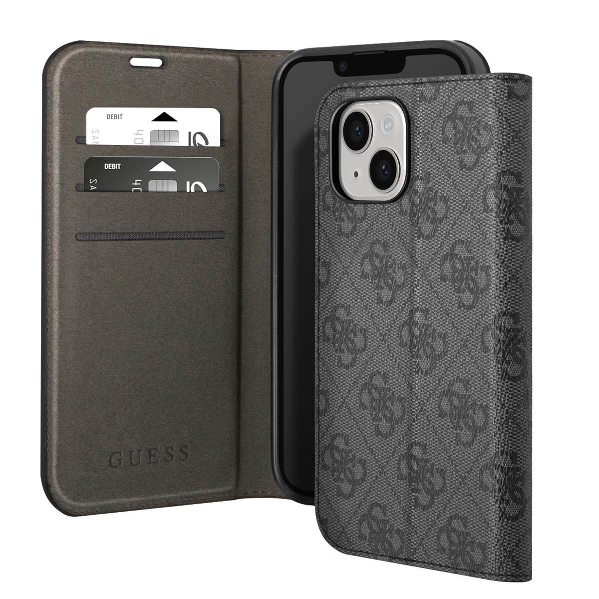 Una custodia per telefono Guess con un telefono all'interno. La custodia è aperta, mostrando fessure per carte e il logo Guess. La custodia è grigia con un motivo.