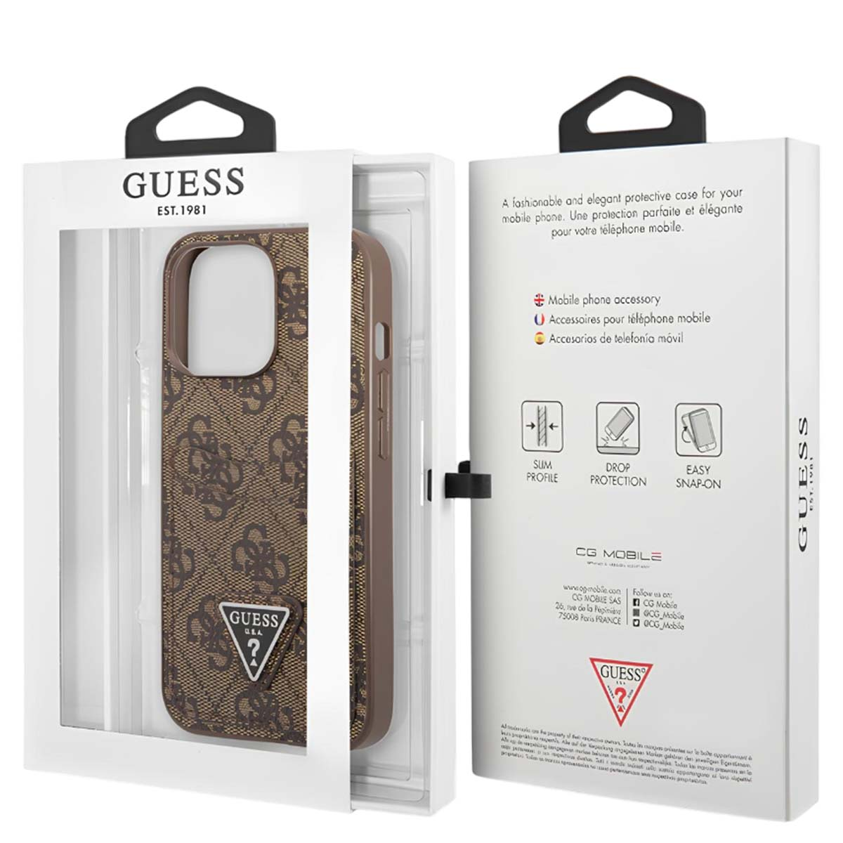 Una custodia Guess per telefono in una scatola. È marrone con il logo Guess. La scatola è bianca con testo.