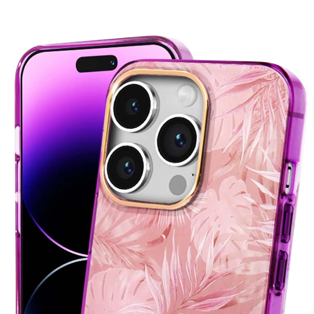 Primo piano di un telefono in una custodia rosa con un design floreale. Il telefono ha uno schermo viola e una fotocamera a tre lenti.